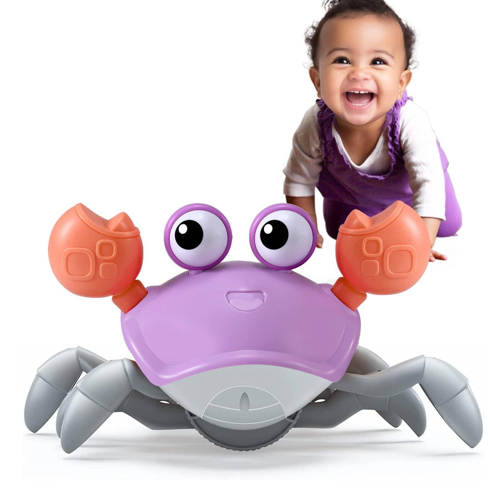 Control Future purple crawling crab toy during tummy time promotes neck movement.