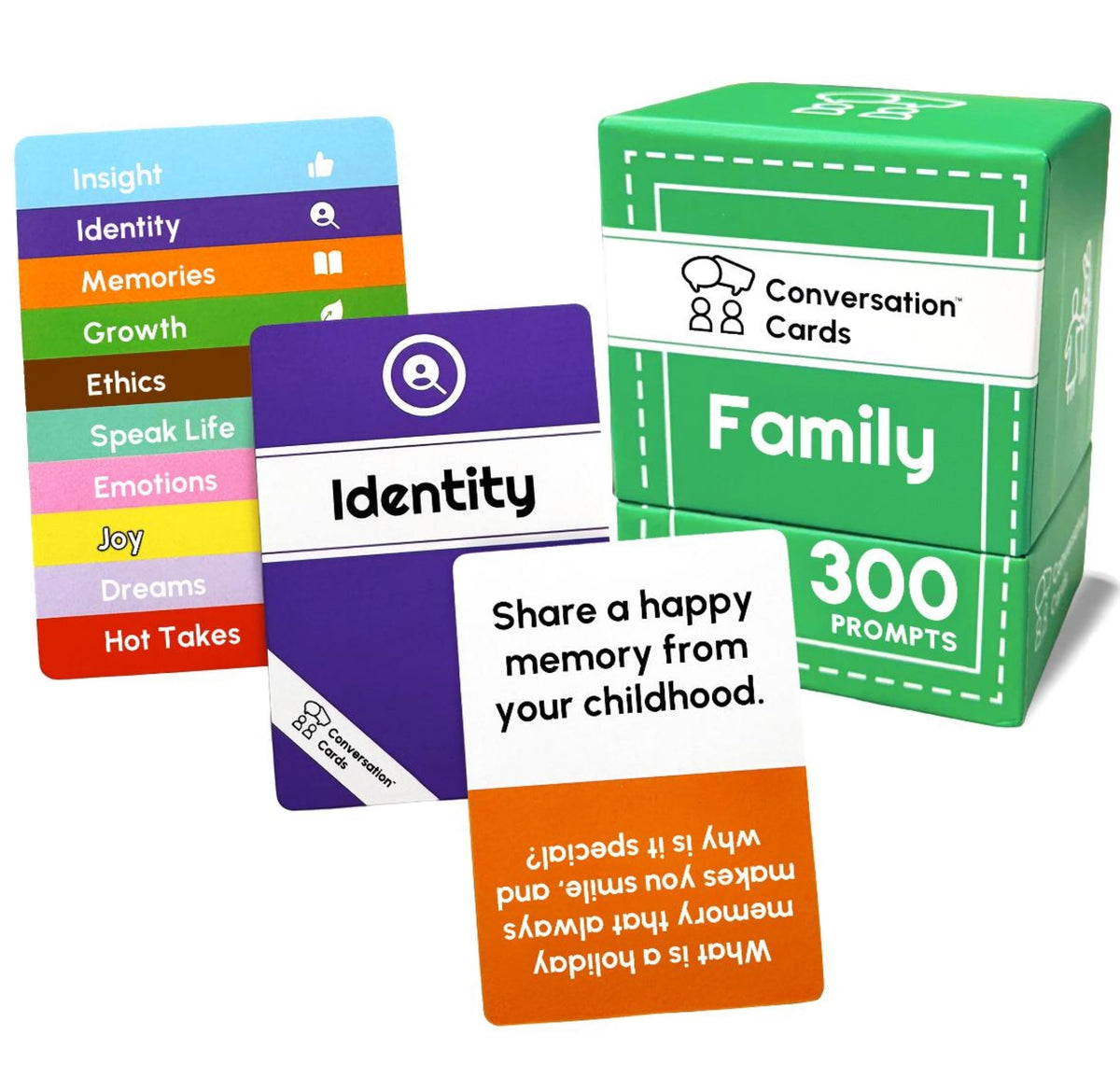 Conversation Cards Family Pack deck front inviting thoughtful dialogue at a table