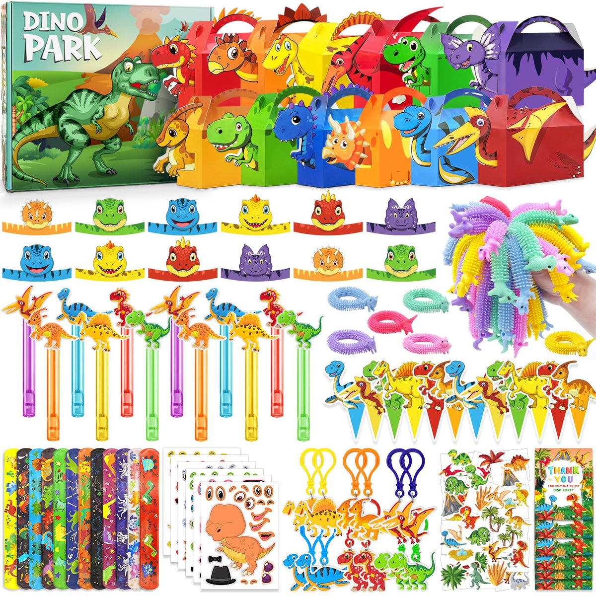 Convivialo 12-pack dinosaur treat boxes for colorful party décor and favors.