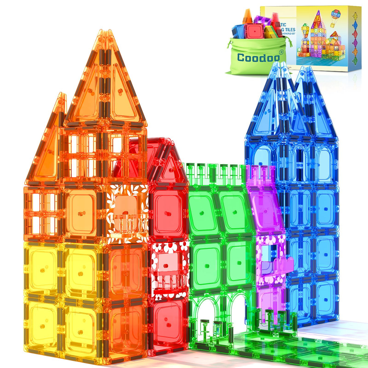Coodoo 60pcs magnetic tiles rainbow bricks for open-ended construction play