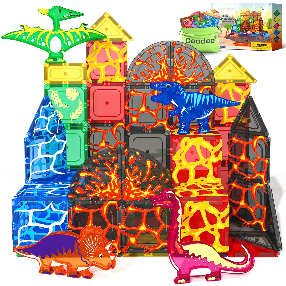 Coodoo Lava Flow Dinosaur Tiles show a dynamic lava river scene for immersive play.