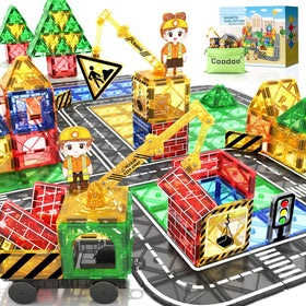Coodoo kids magnetic tiles road set with extendable crane for dynamic city-building play