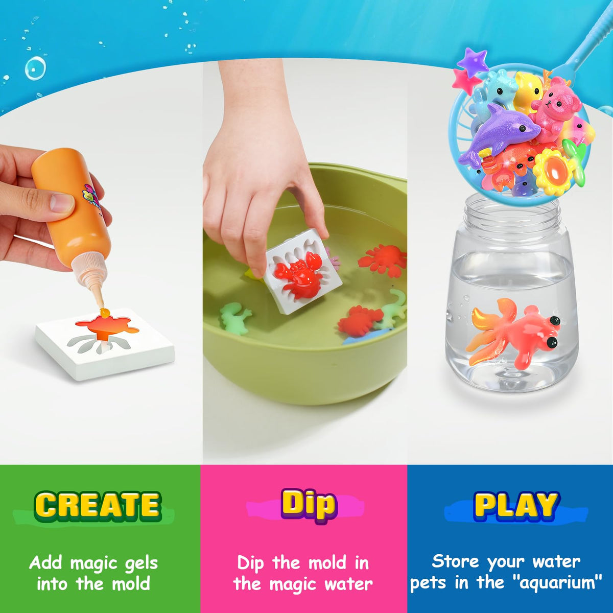 Coodoo kit in action: dipping gel pets into water to form squishy shapes.