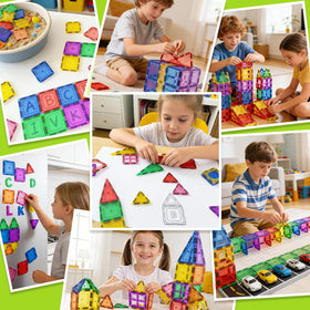 Coodoo magnetic tiles with a three-inch base fitting small hands