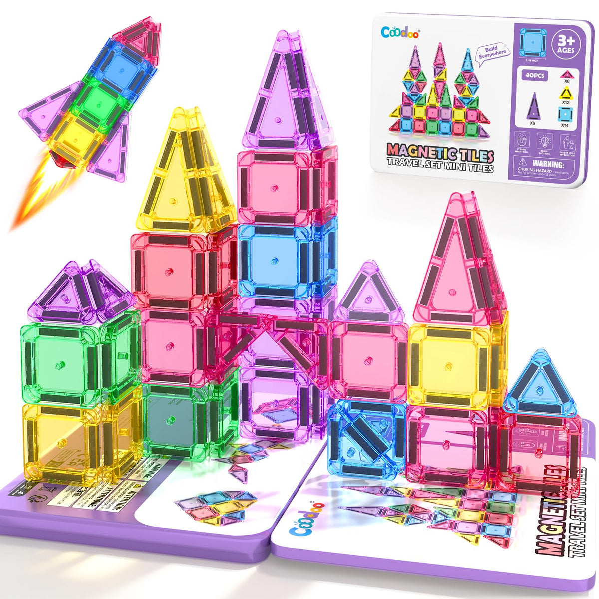 Coodoo mini magnetic tiles with colorful squares and triangles for creative on-the-go play.