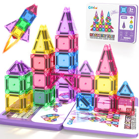 Coodoo mini magnetic tiles with colorful squares and triangles for creative on-the-go play.
