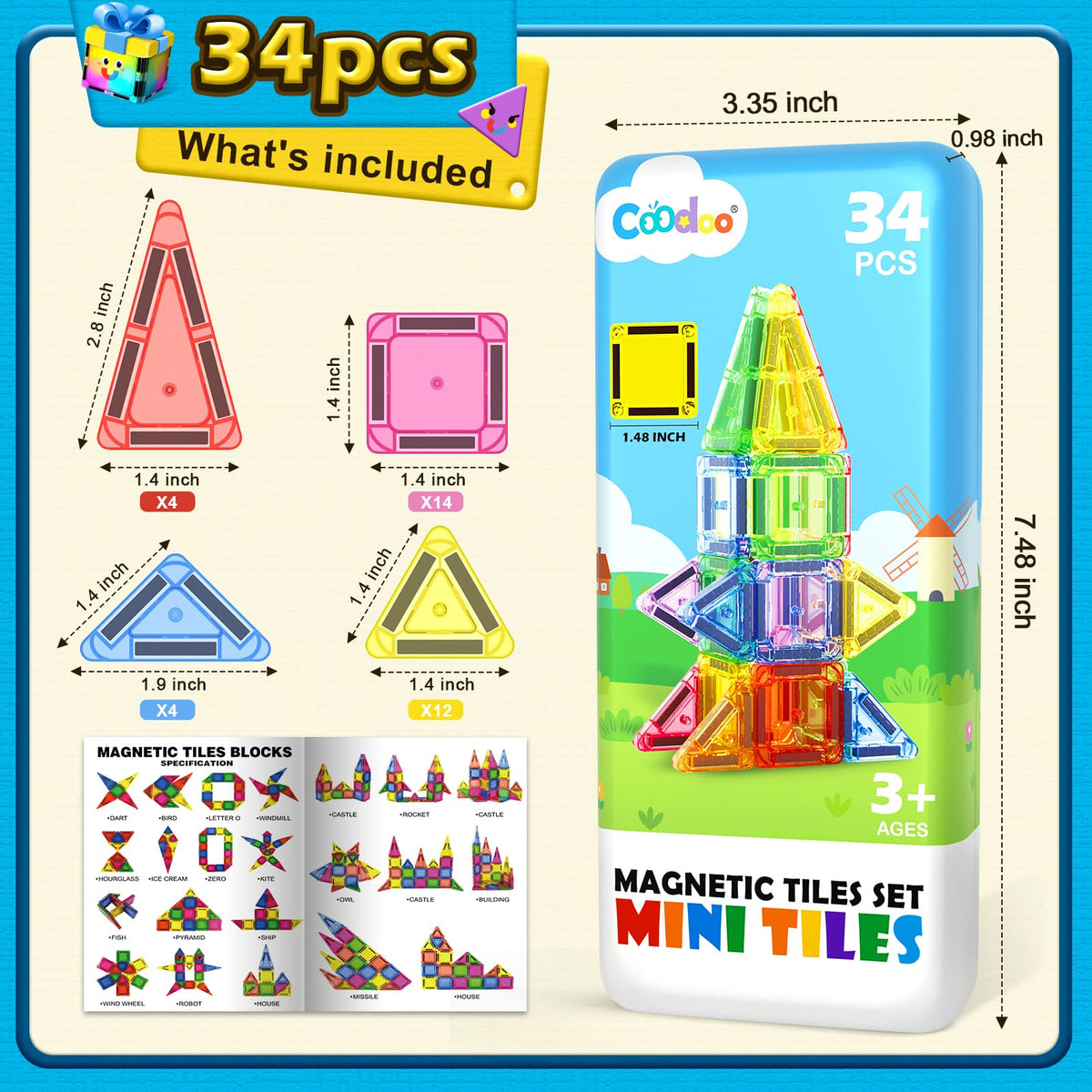 Coodoo tiles snap shut case for easy cleanup and organization.