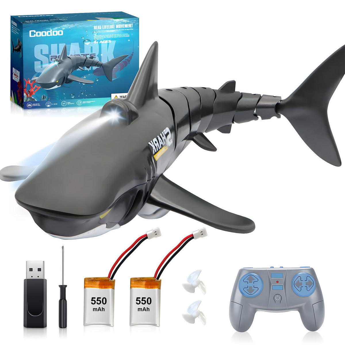 Coodoo Shark Toy, remote-left view, lifelike movement for pool and bath play.