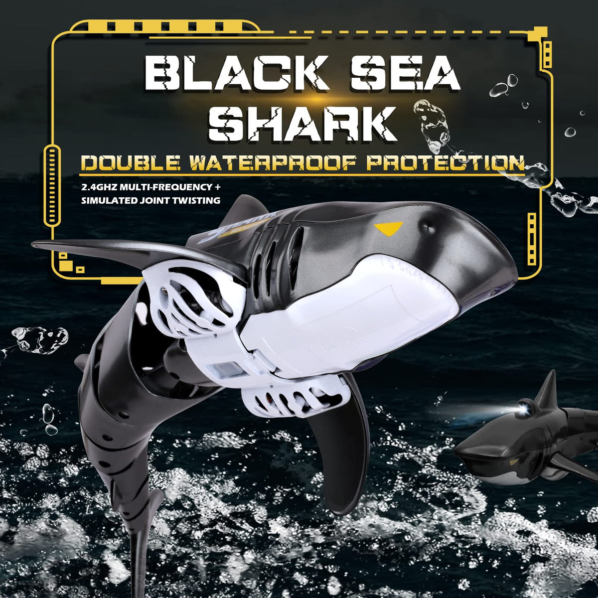 Coodoo Shark Toy in swimming action, clear, smooth movement in water.