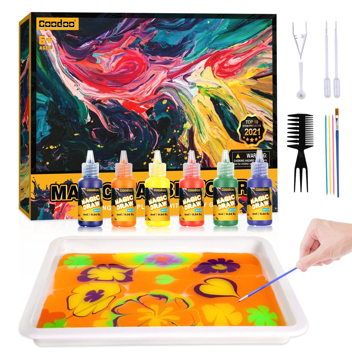 Coodoo water marbling paint kit with six color bottles for kids