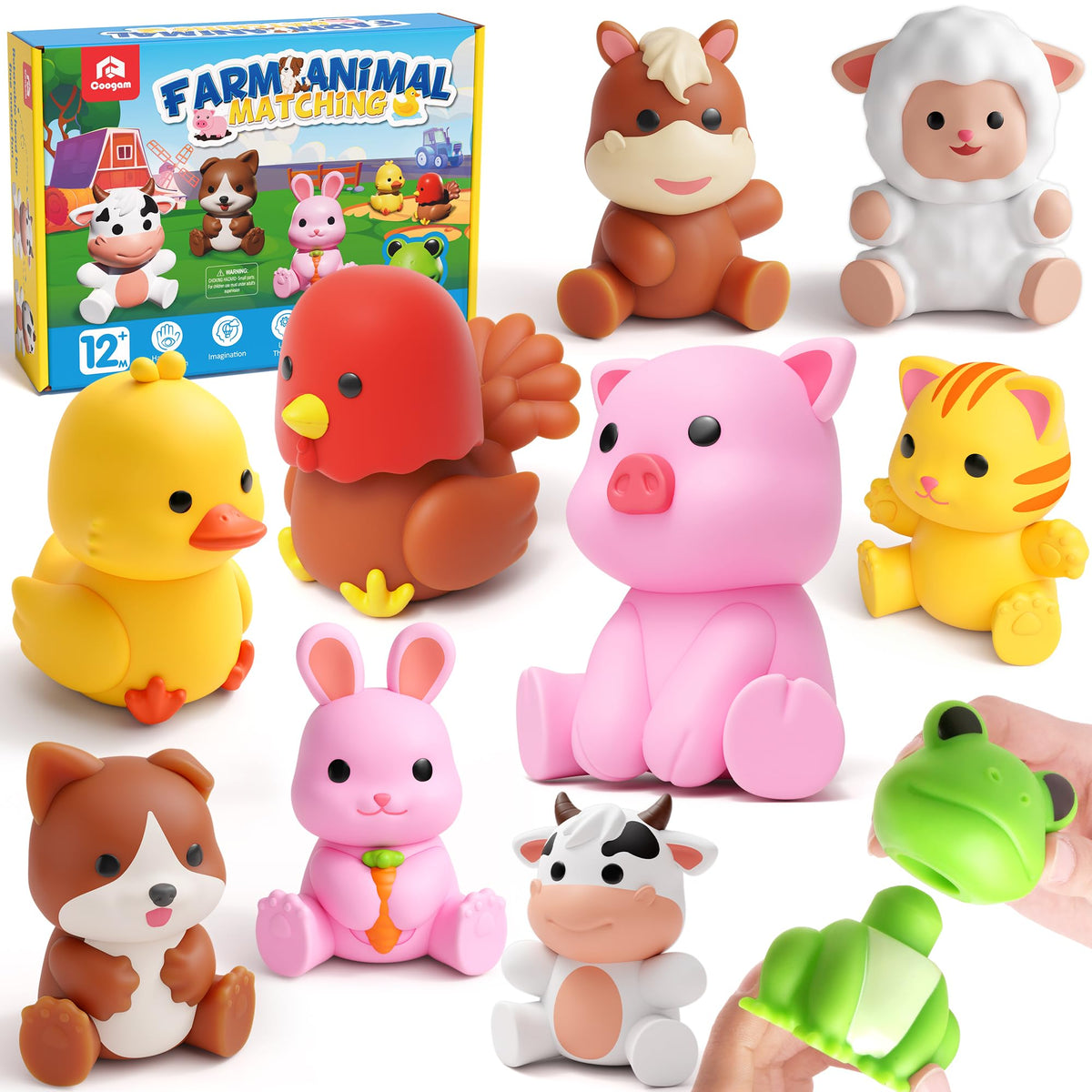 Coogam 10-piece farm animals pieces for sensory play and sorting.