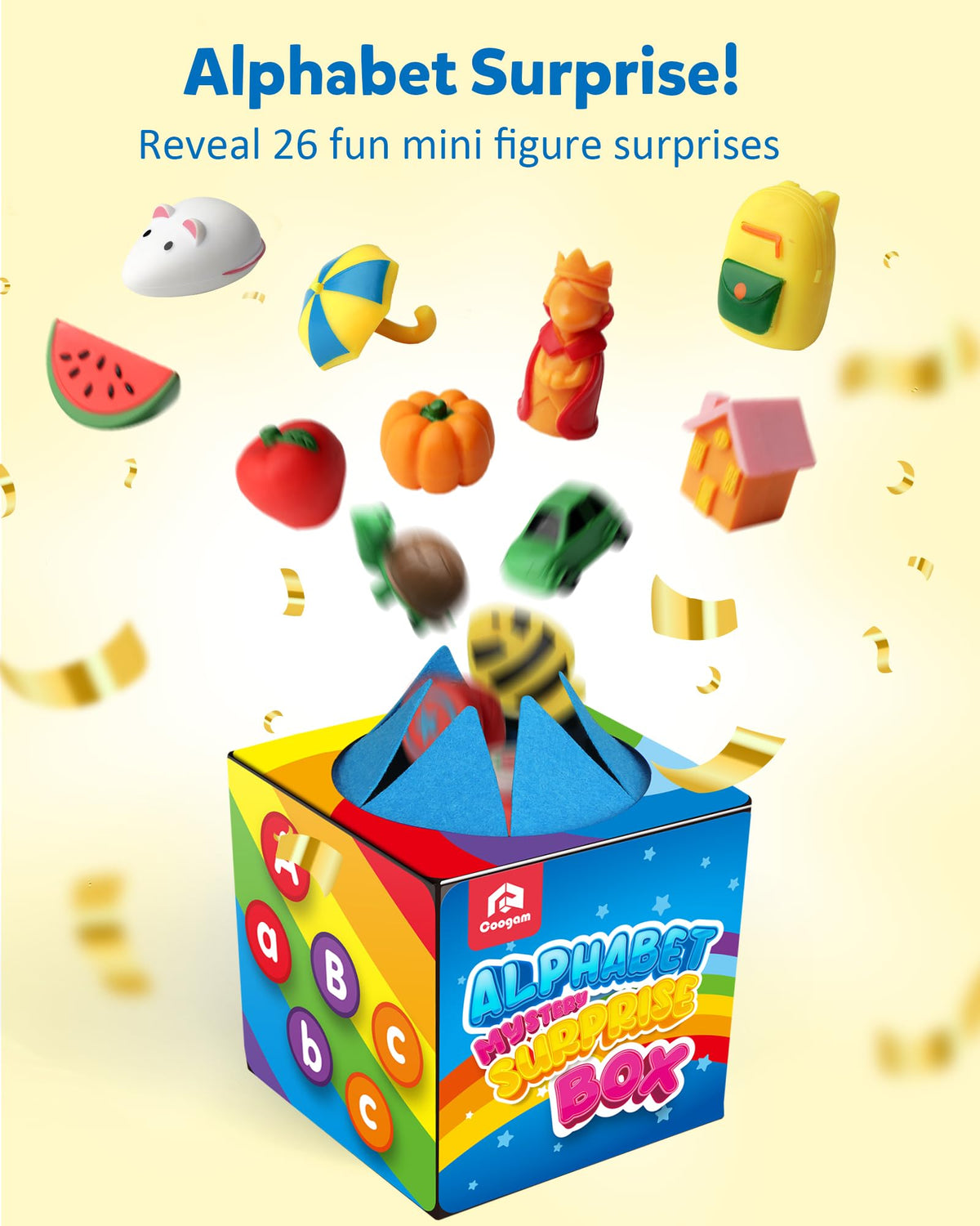 Coogam 26-letter-miniatures highlight letters with colorful objects to boost recognition.