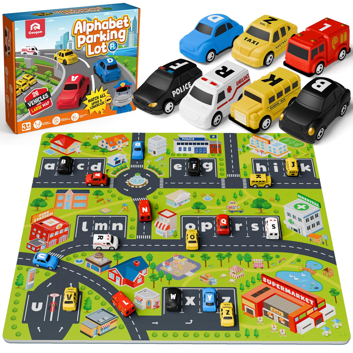 Coogam Alphabet Maze Playmat with 26 pull-back cars for matching letters.