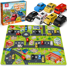 Coogam Alphabet Maze Playmat with 26 pull-back cars for matching letters.