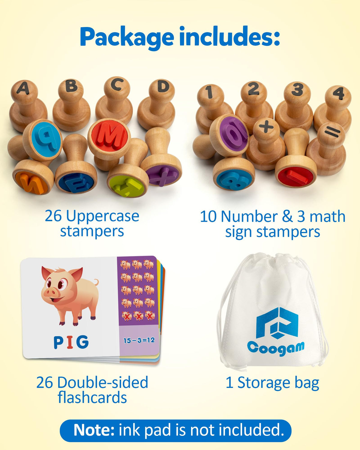 Coogam arithmetic sign stamps support basic math ideas during play.