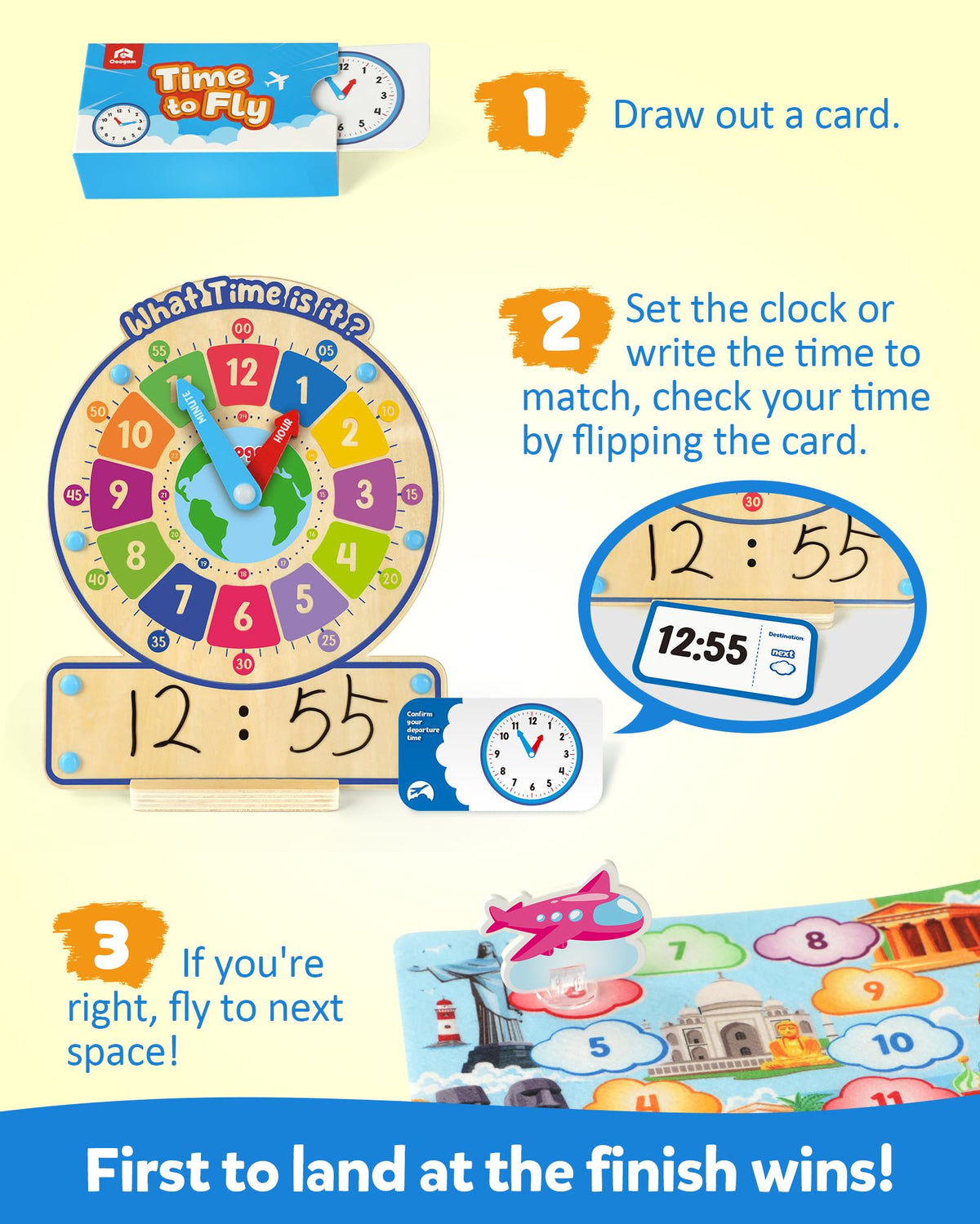 Coogam time-learning board game for 2-4 players encourages collaborative learning.