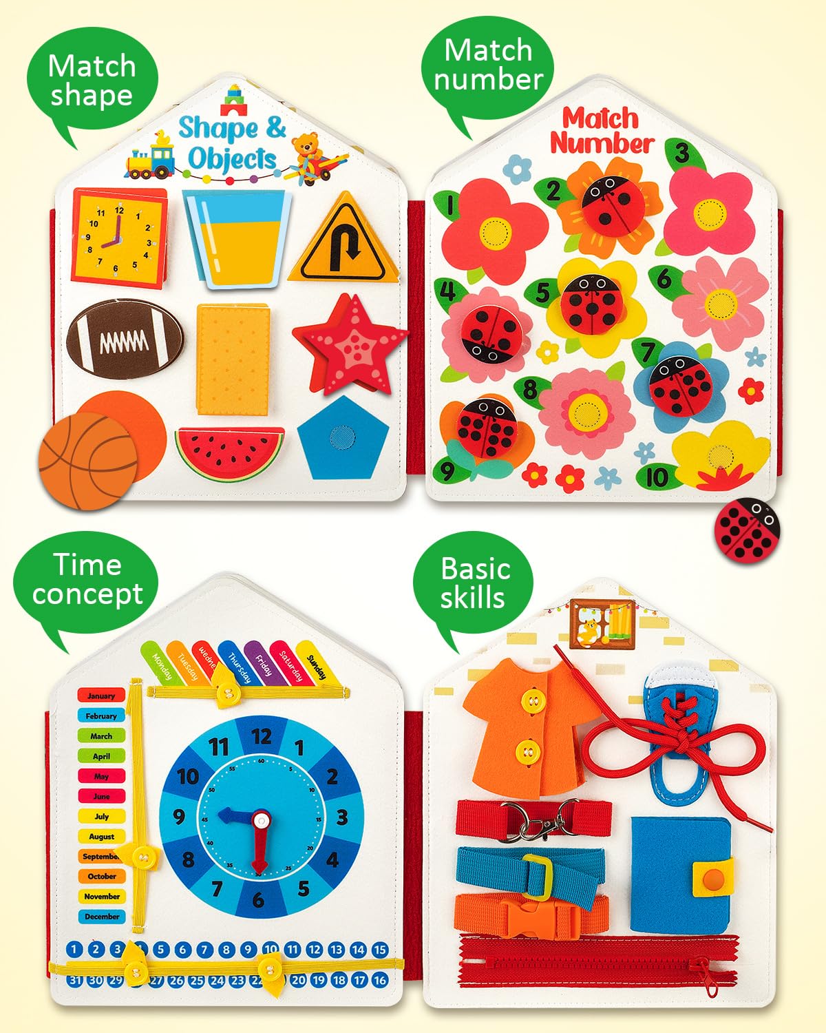 Coogam Busy Book clock page teaches time concepts via pretend play