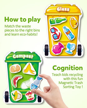 Child sorting garbage pieces with Coogam toy to boost memory and sorting skills.