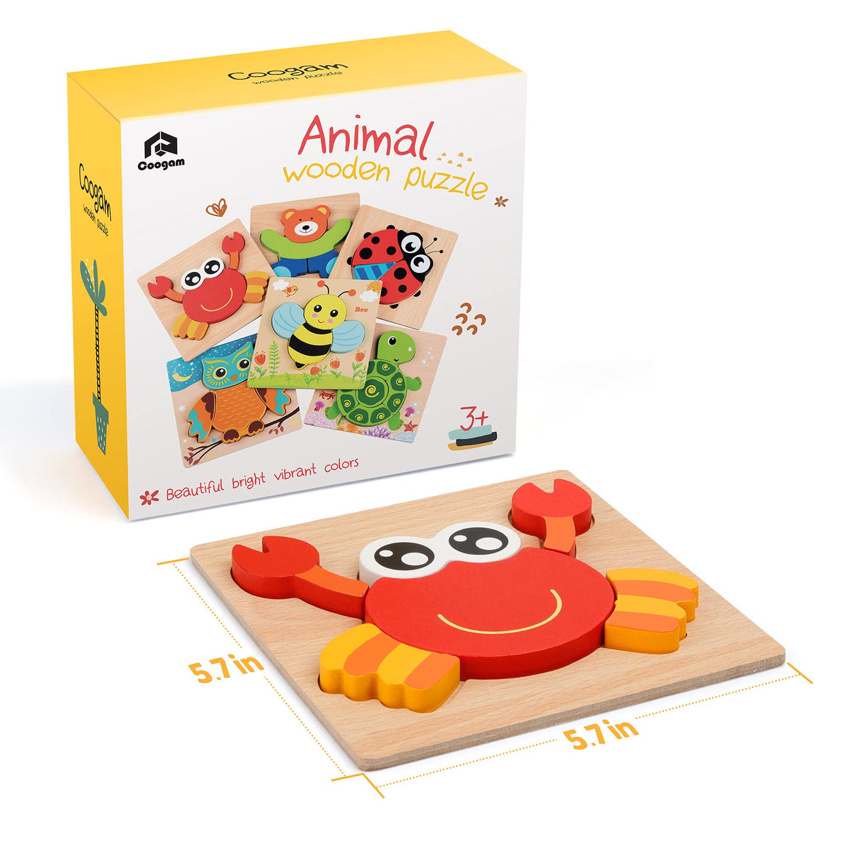 Coogam chunky wooden puzzle pieces are easy for small hands.