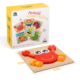 Coogam chunky wooden puzzle pieces are easy for small hands.