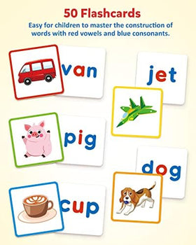 Coogam color-coded CVC cards simplify vowel-consonant practice.