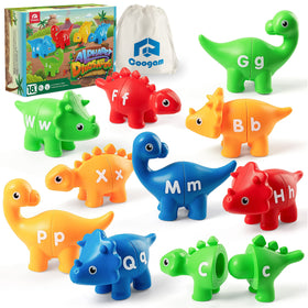 Coogam dinosaur alphabet pack with 26 letters on colorful dinos for early letter recognition.