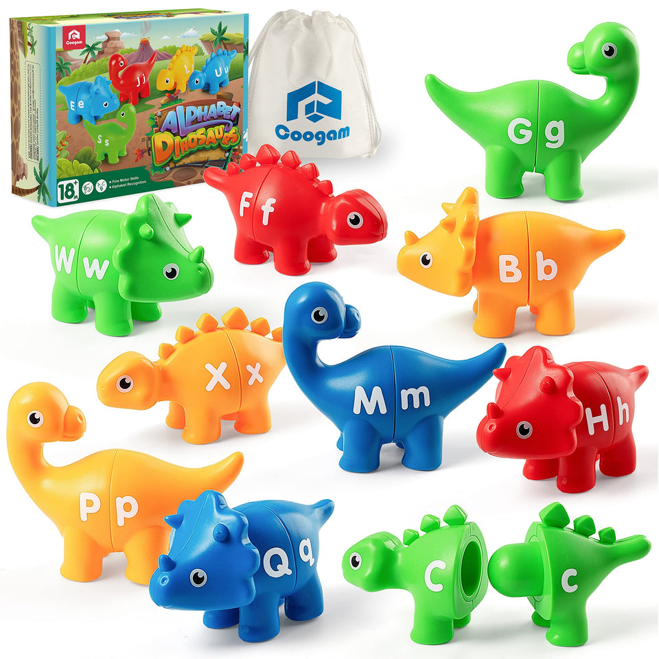 Coogam dinosaur alphabet pack with 26 letters on colorful dinos for early letter recognition.