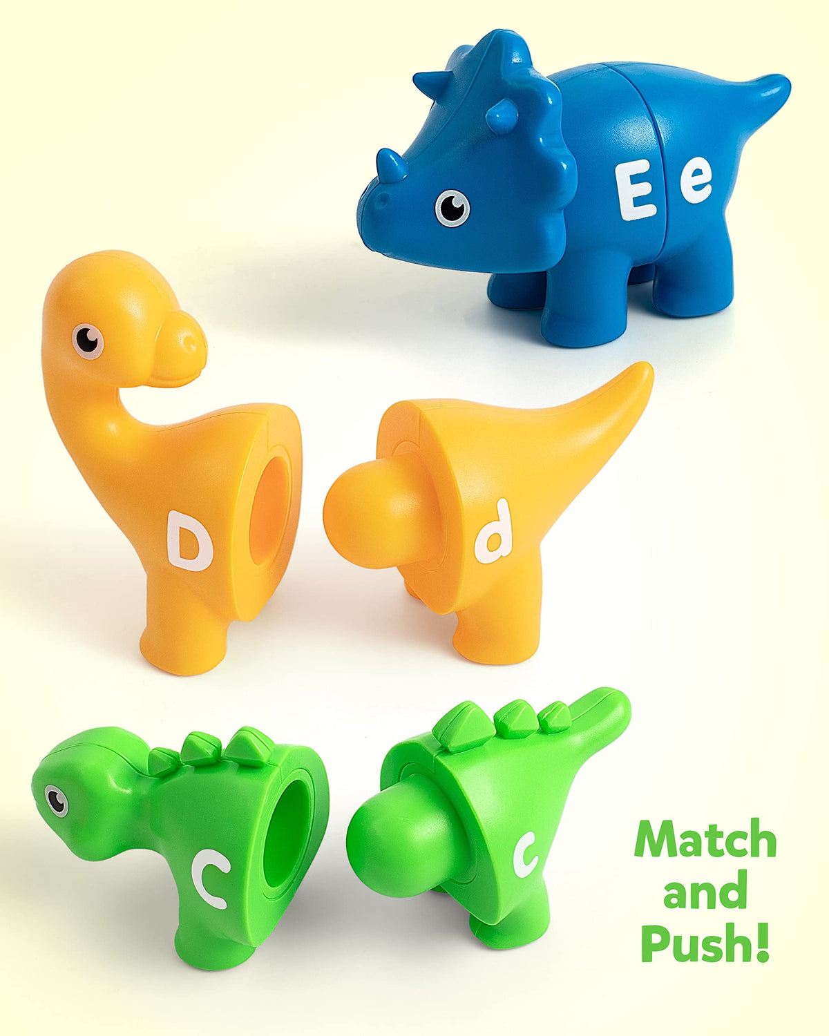 Coogam dinosaurs front and back letters for uppercase and lowercase matching.