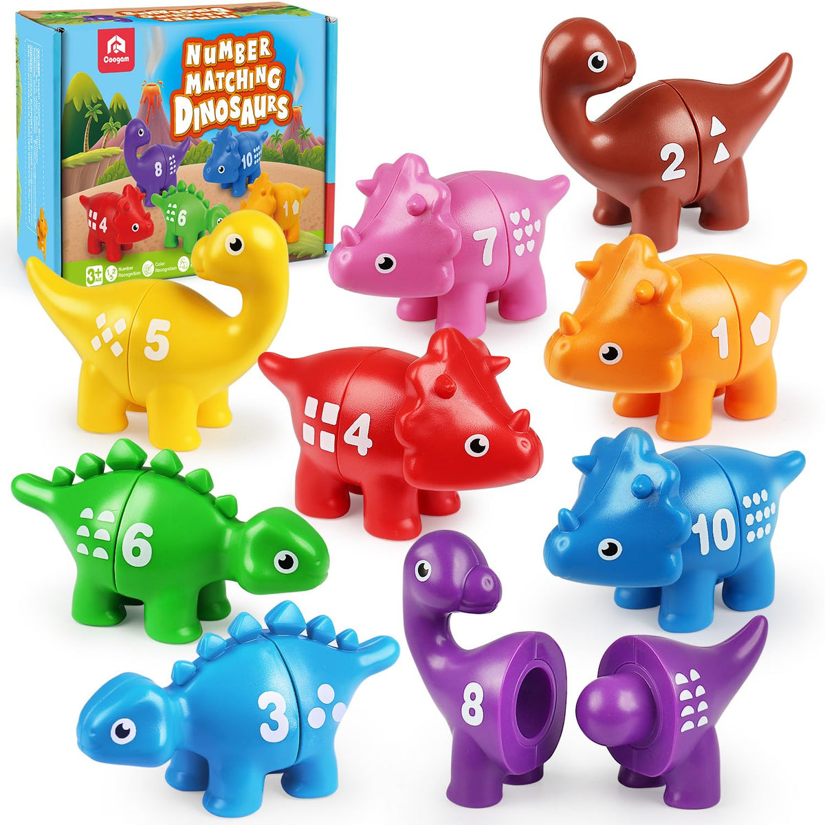 Coogam dinosaur number matching toy showing halves for hands-on counting practice.