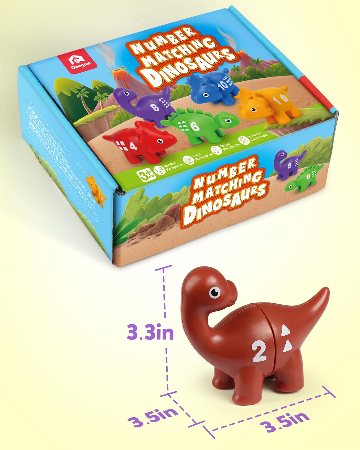 Coogam dinosaur pieces fit in a drawstring bag for portable learning.