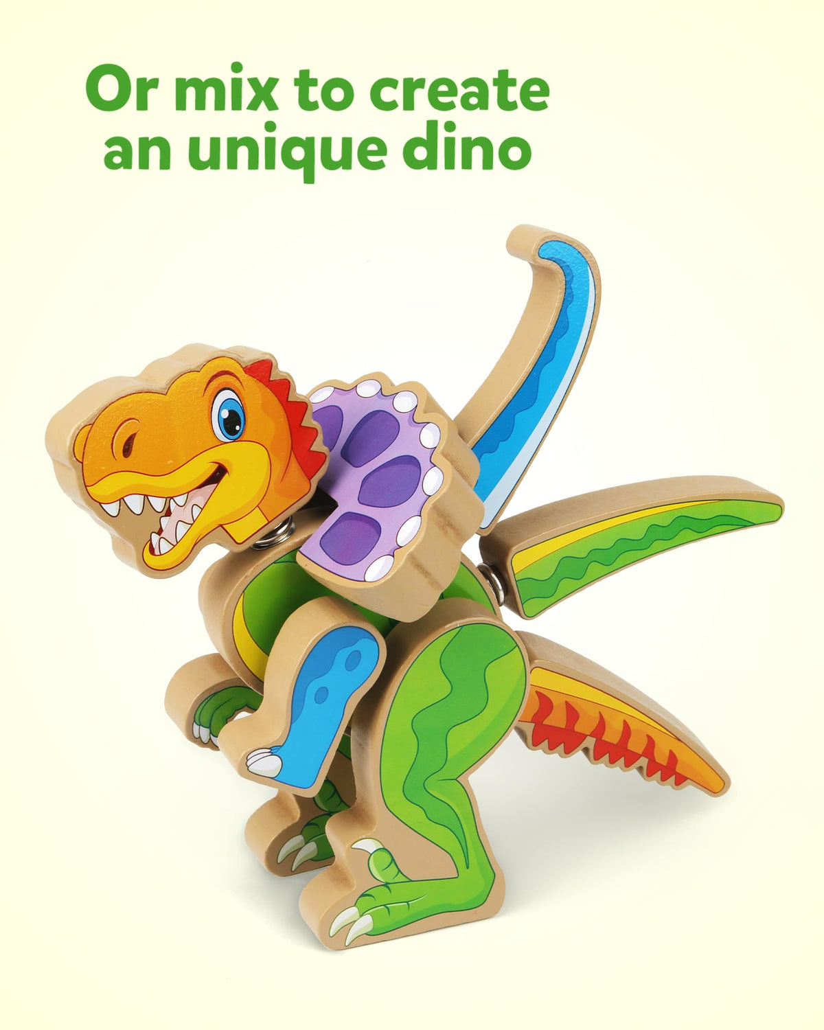 Coogam color-coded dinosaurs encourage sorting and imaginative design using safe wood.