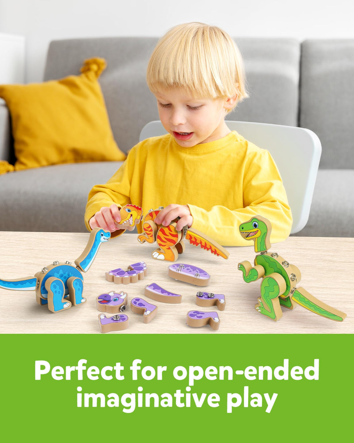 Kids assemble dinosaurs using snap-together design to boost engineering-like thinking with Coogam supports.