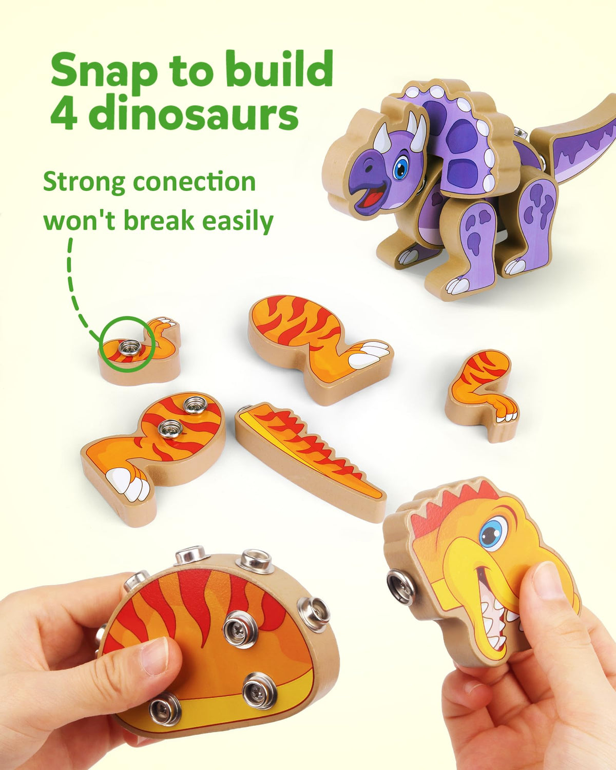 Coogam dinosaurs snap-together parts with heads, legs, and tails for mix-and-match fun.