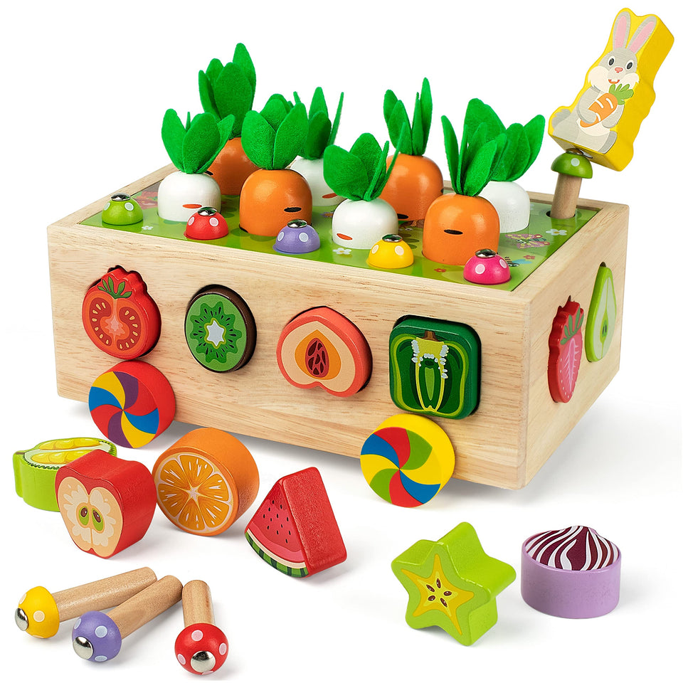Coogam farm harvest cart shows a sturdy wooden design for developing fine motor skills.