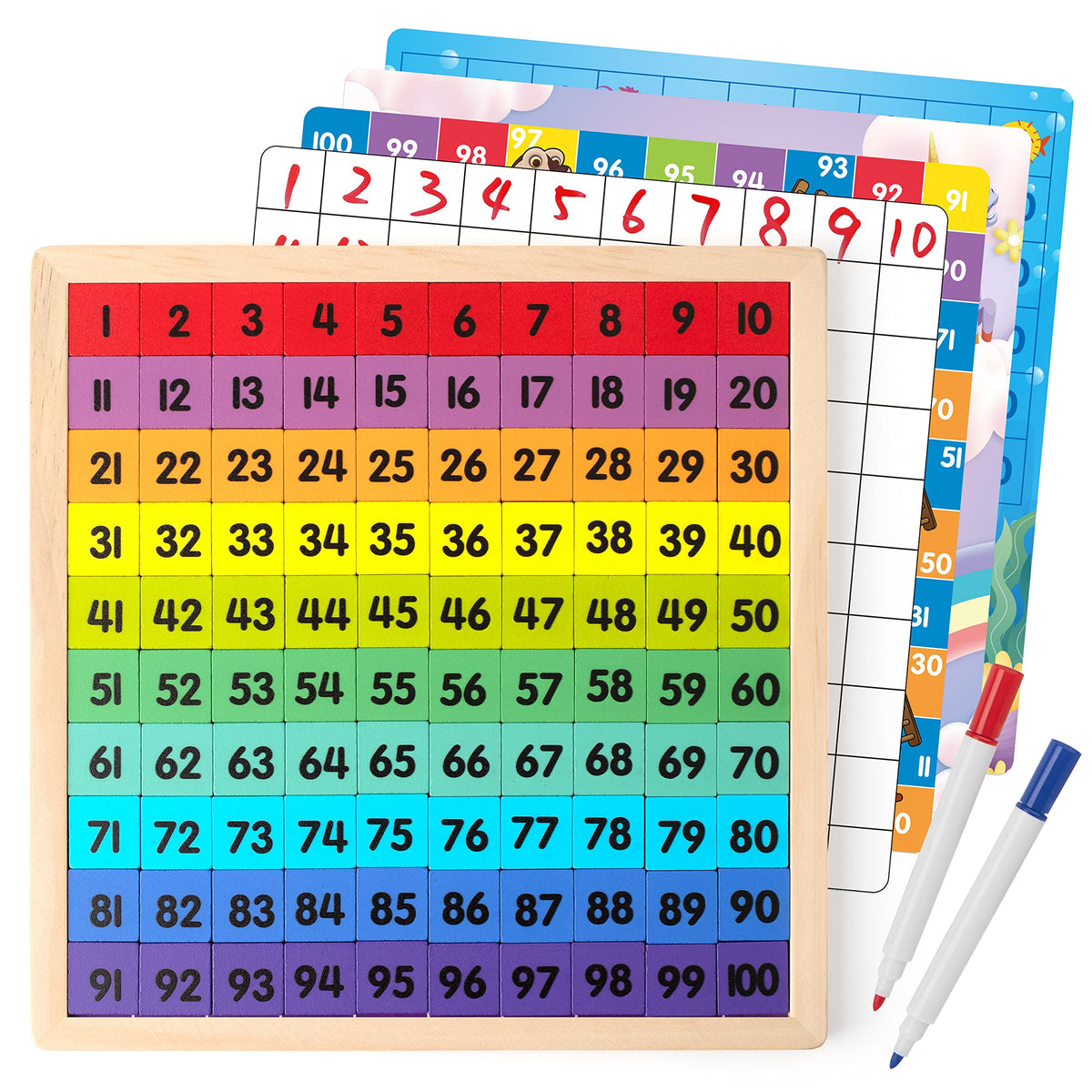 Coogam wooden hundred board setup for interactive counting practice.