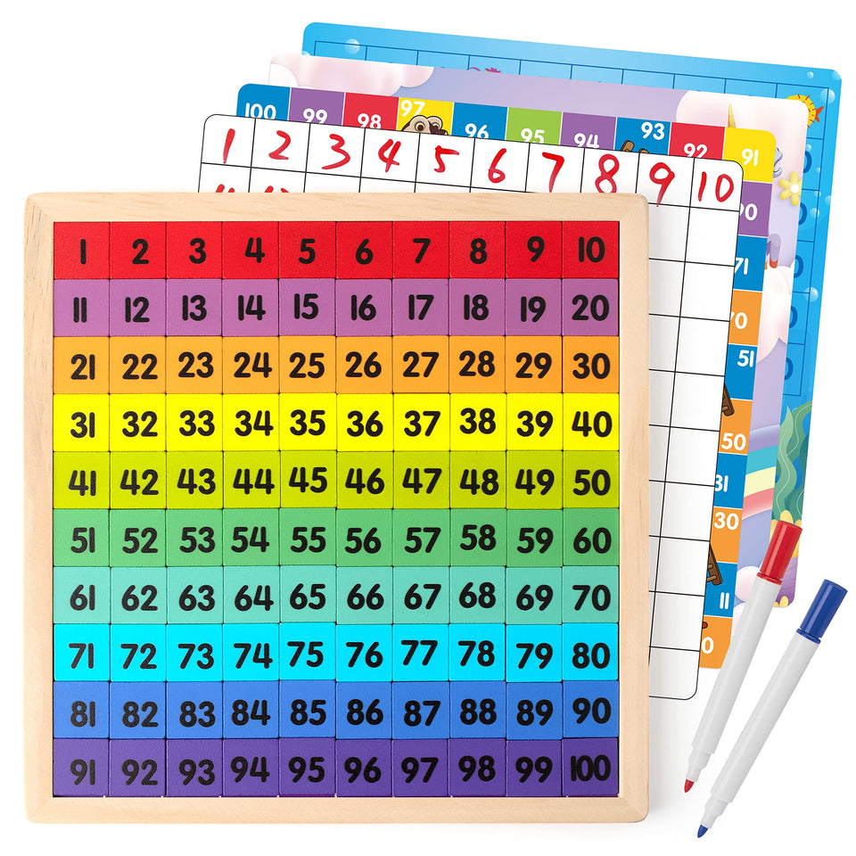 Coogam wooden hundred board setup for interactive counting practice.