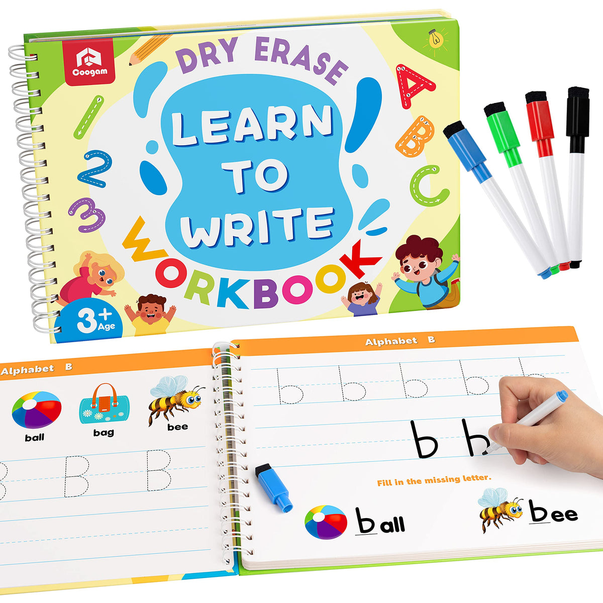 Coogam Learn to Write Workbook cover featuring durable laminated pages for long-lasting practice.