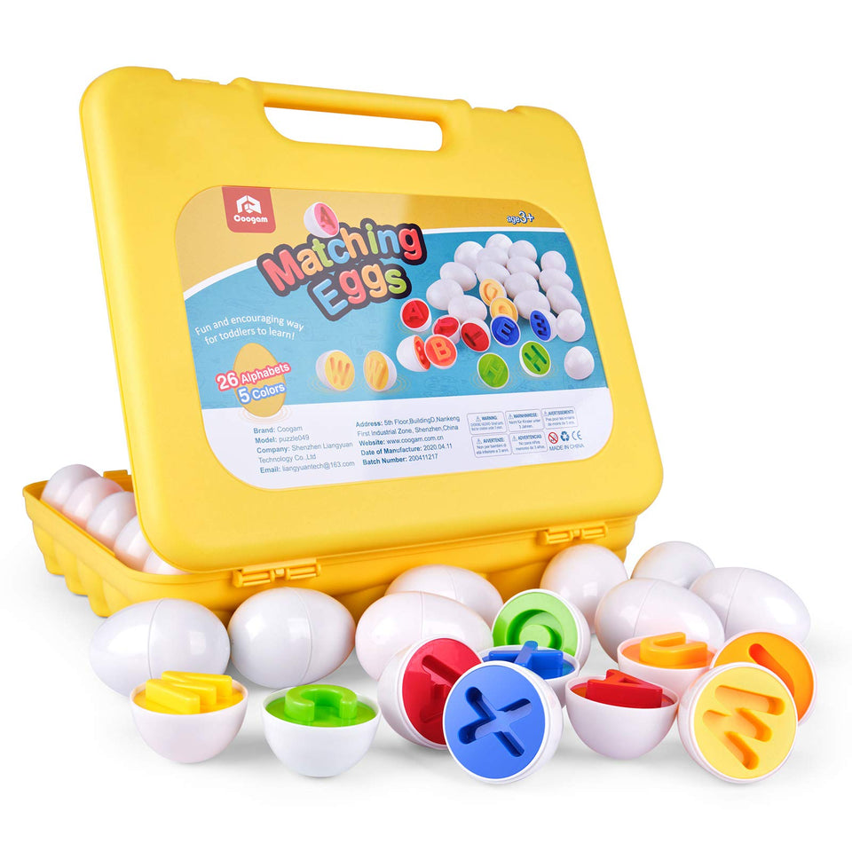 Coogam Letters Matching Eggs opened to reveal interior colors and letters for early literacy practice.