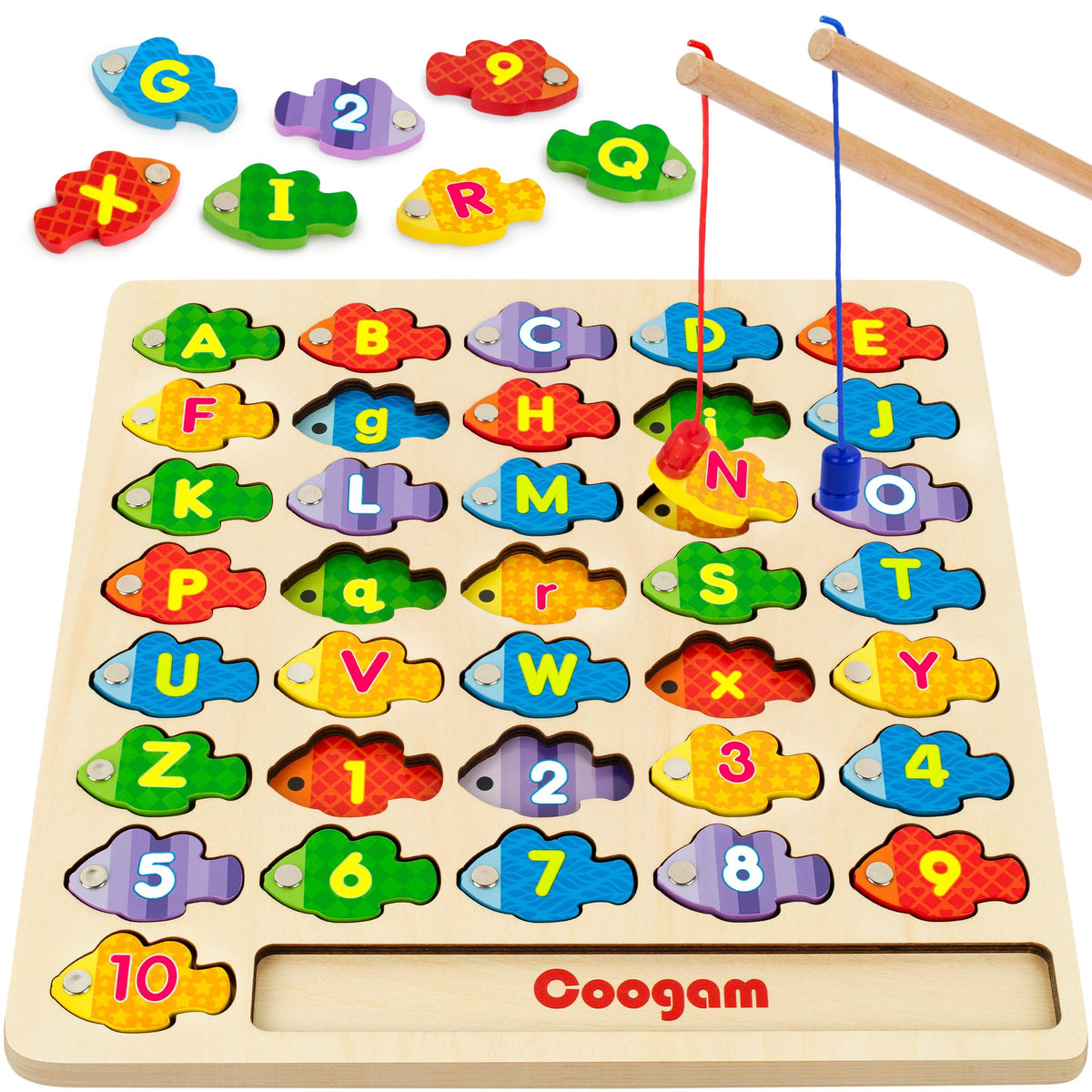 Coogam magnetic alphabet fish set for engaging early reading practice.