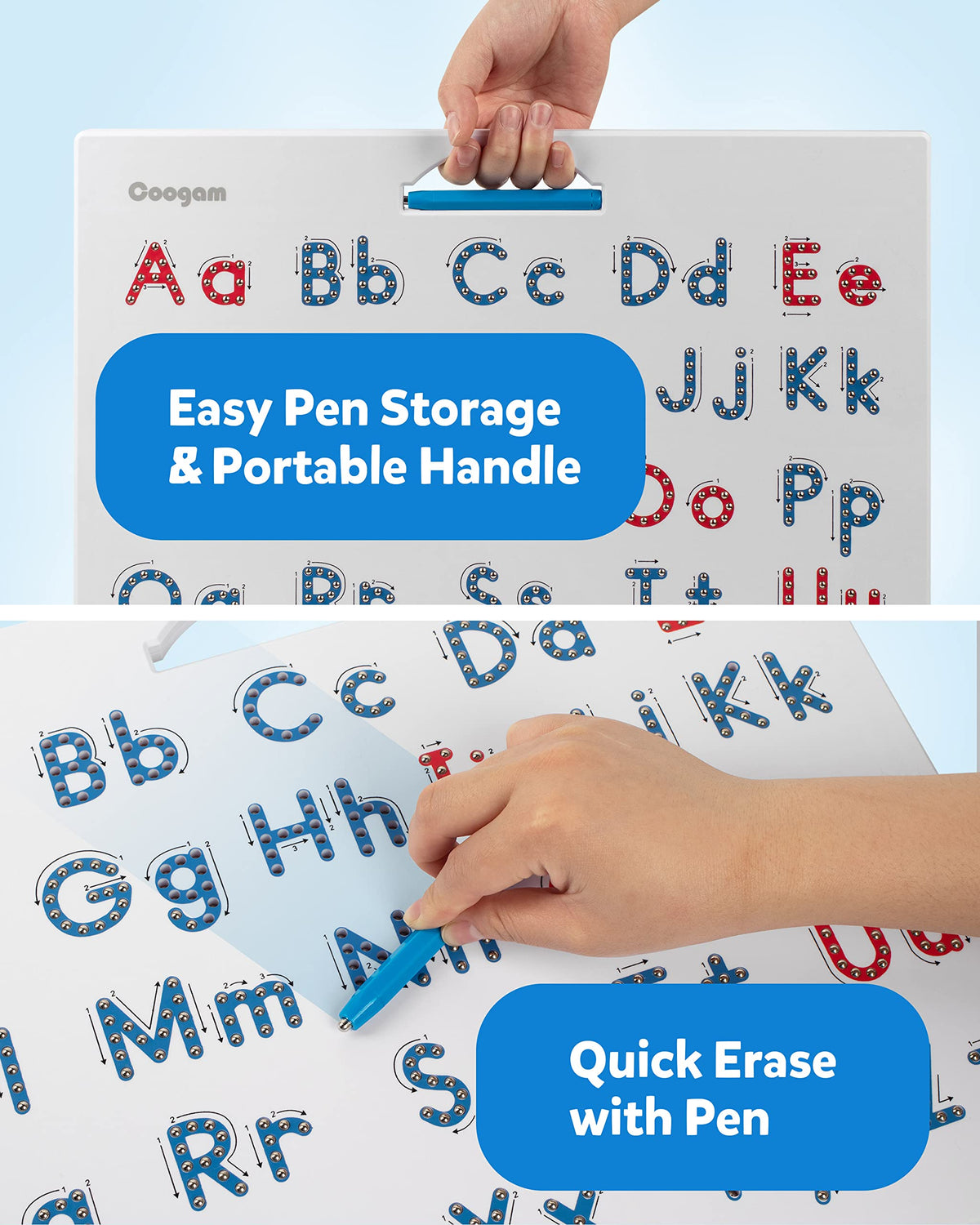 Coogam letters board enabling endless tracing with wipe-clean surface