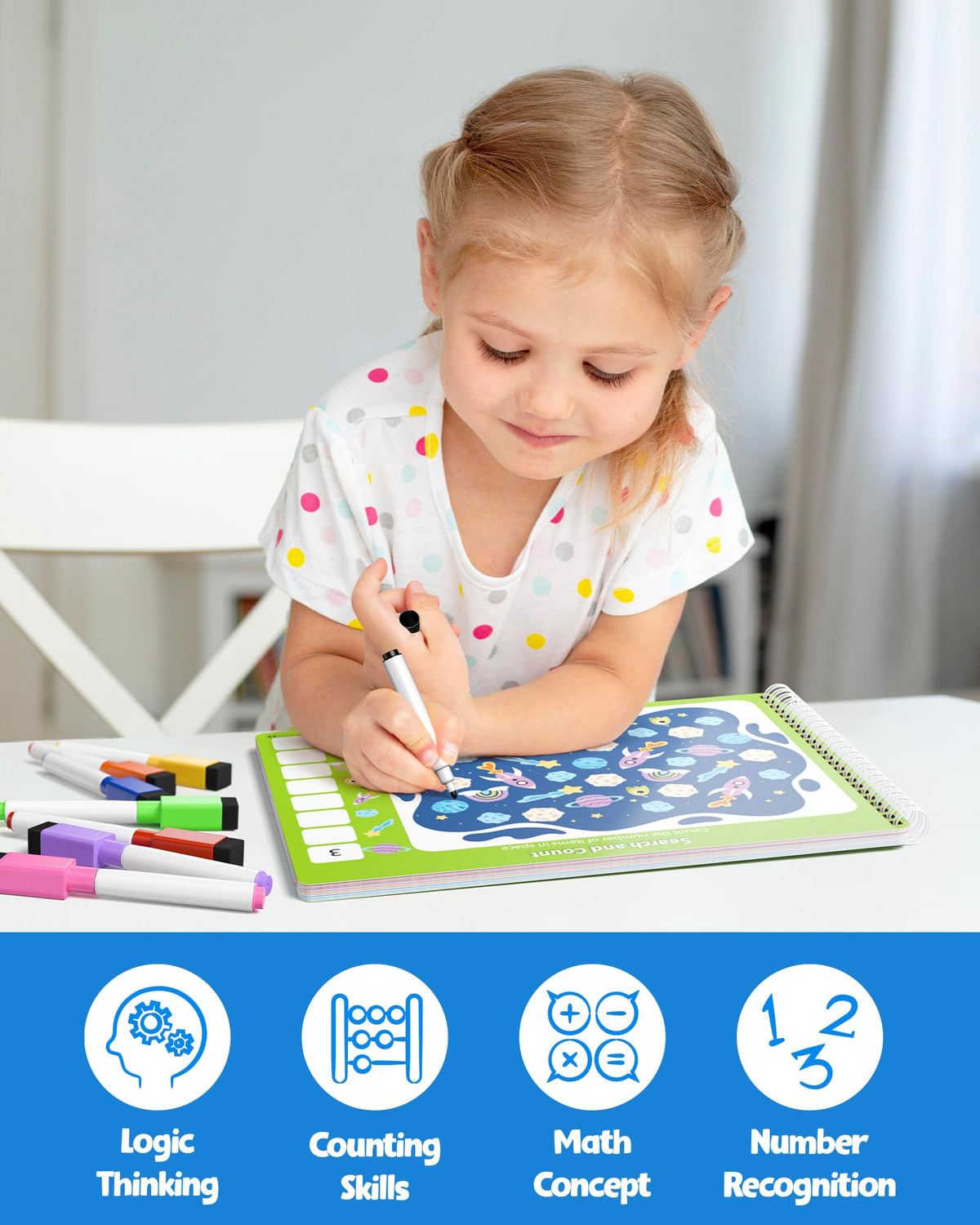 Coogam workbook spread showing tracing activities for handwriting and foundational math