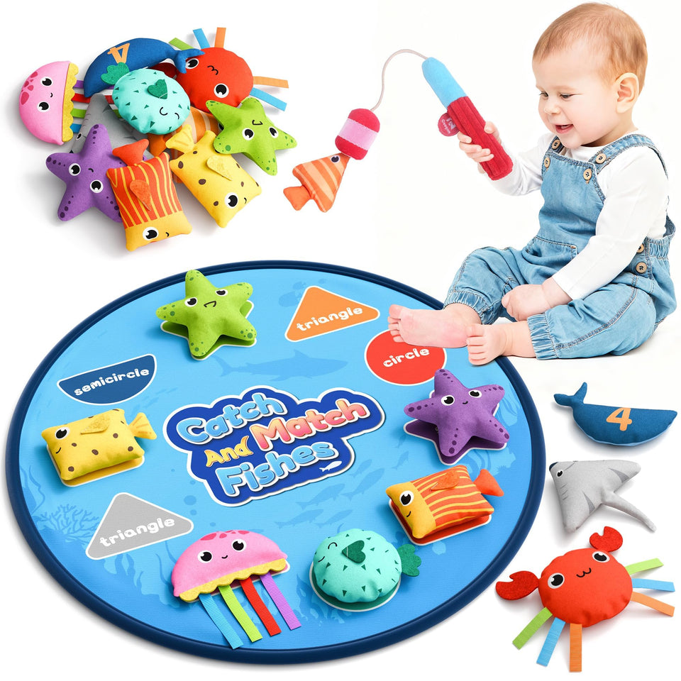 Coogam Montessori fishing game with cloth fish for color and shape learning.
