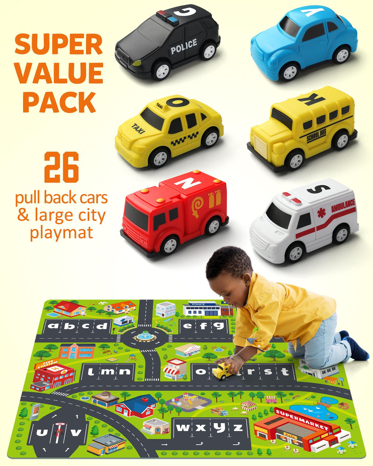 Coogam 26 pull-back cars help develop color and letter recognition.