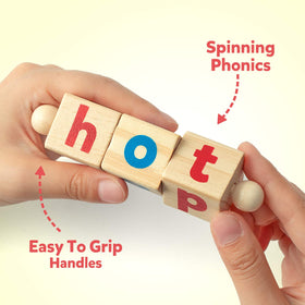 Coogam rotating-letter blocks showing 3-letter words to boost spelling through play