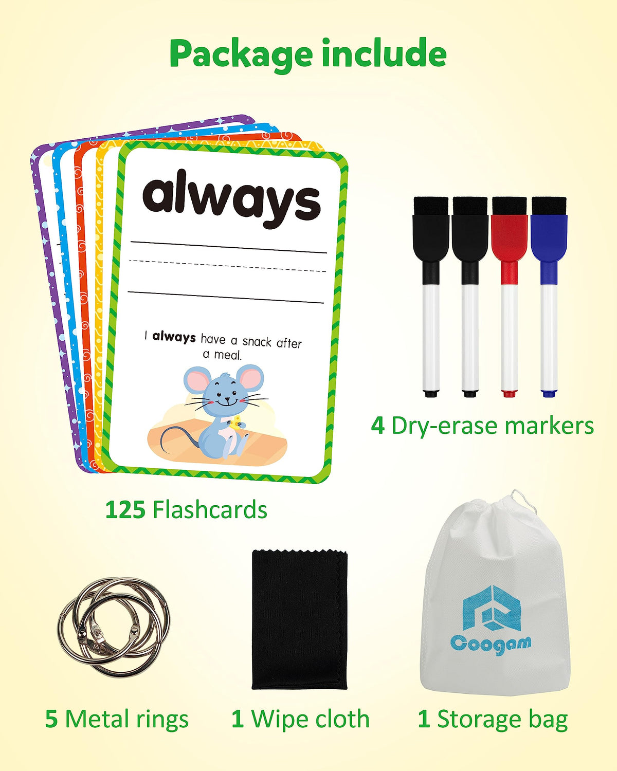 Coogam sight words flashcards storage bag keeps cards organized during travel