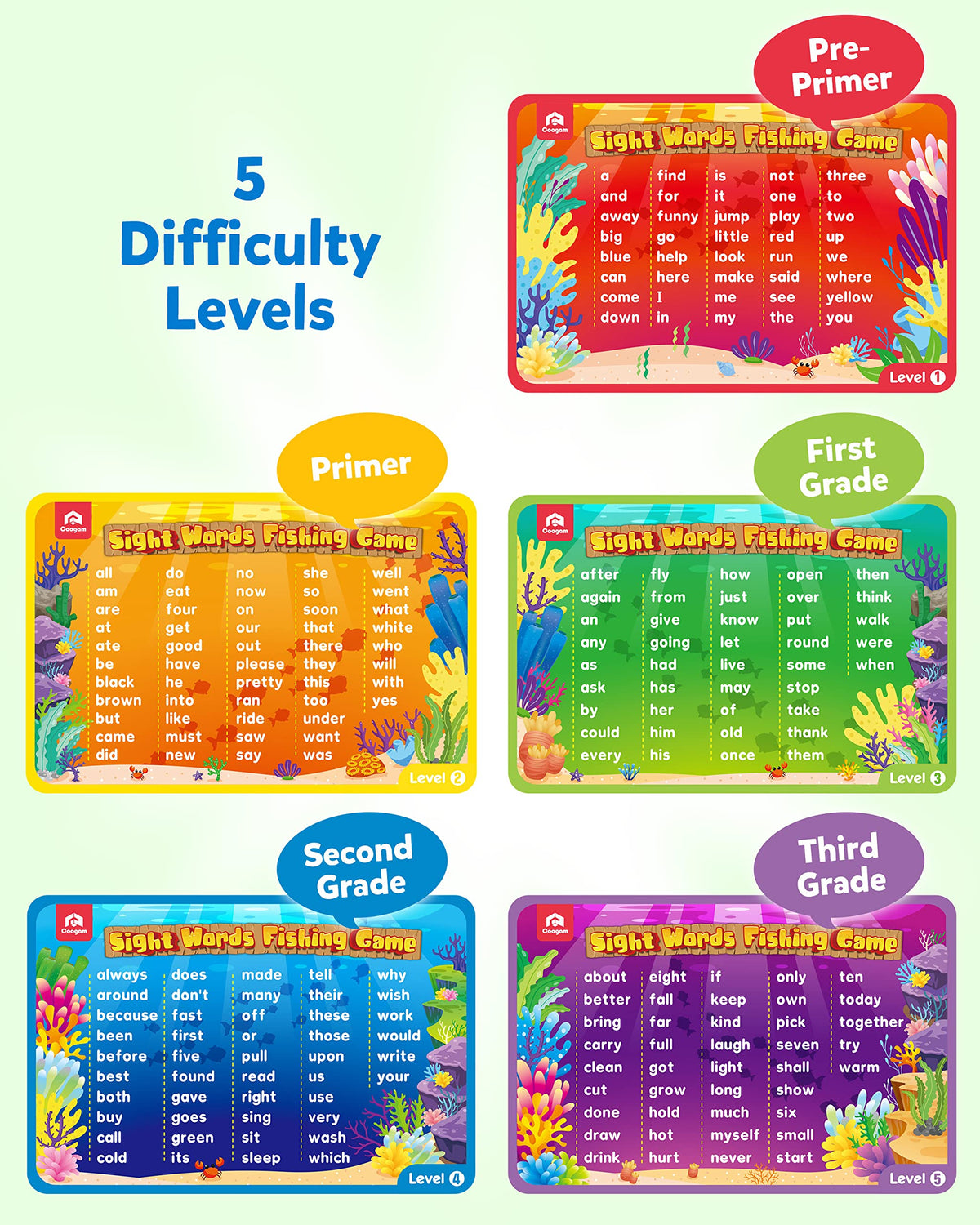 Coogam sight-words wooden fish collection for engaging word practice.