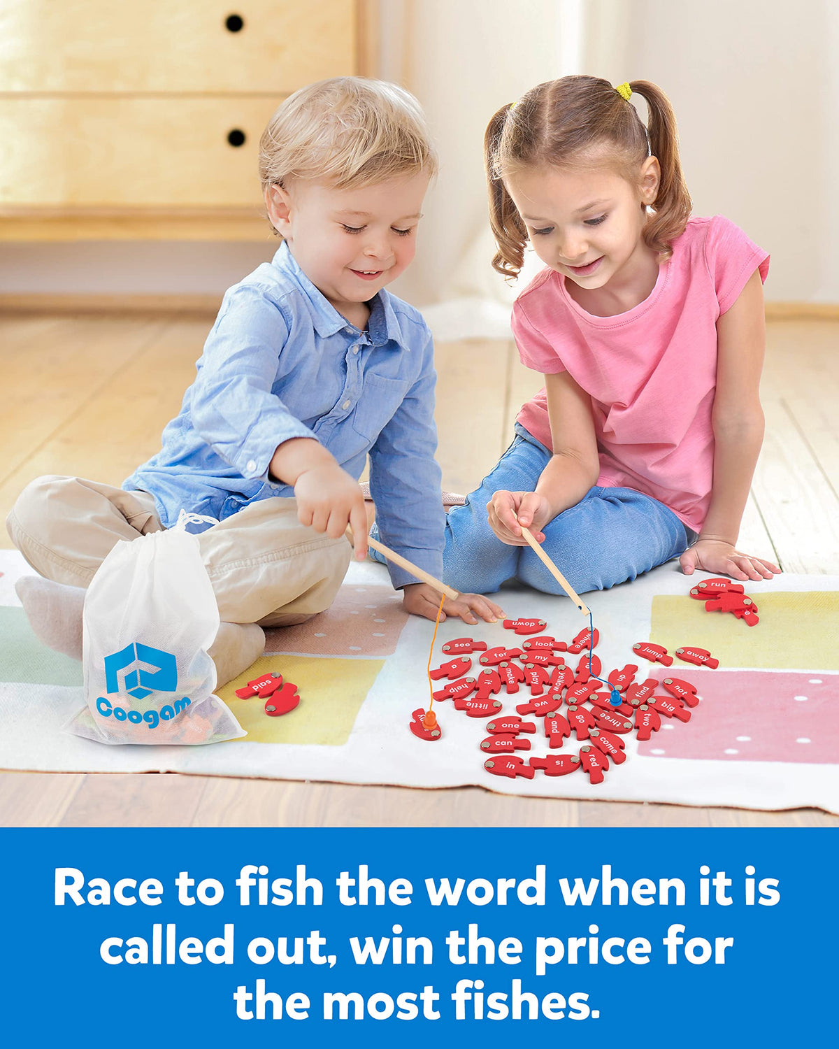 Coogam smooth-sanded wood fish pieces for safe tactile play.
