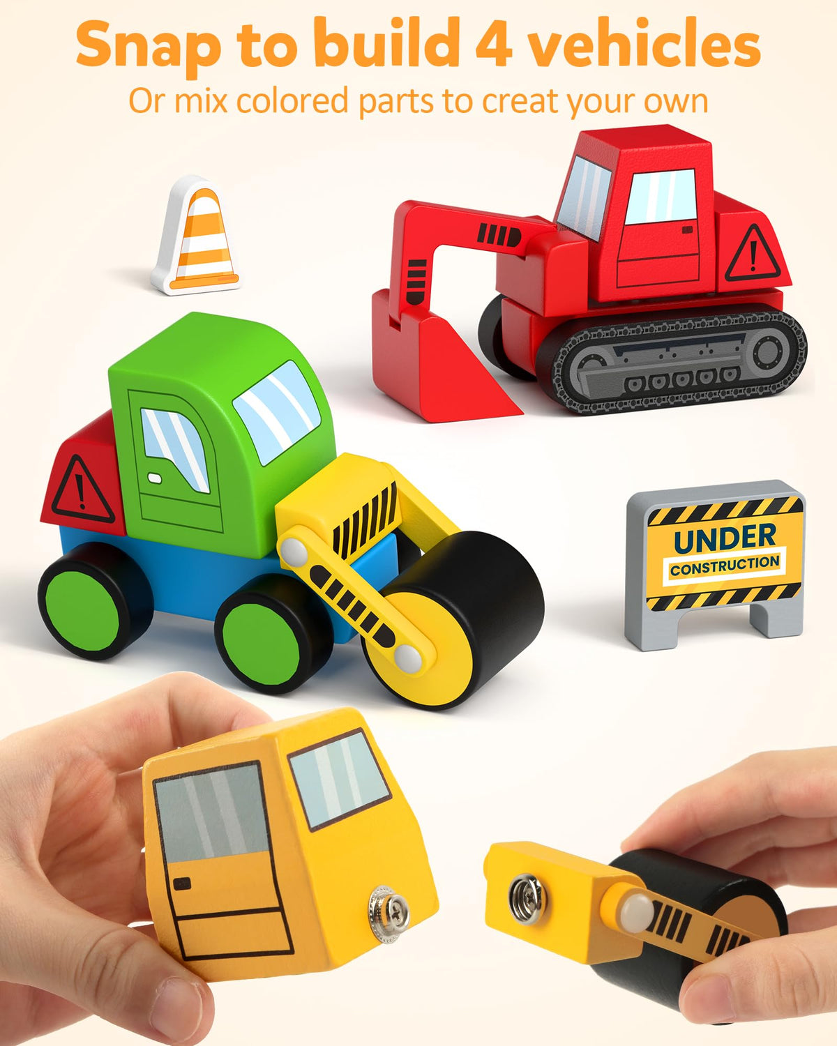 Coogam Snap Together Vehicle loader – sturdy wooden truck boosts fine motor coordination.