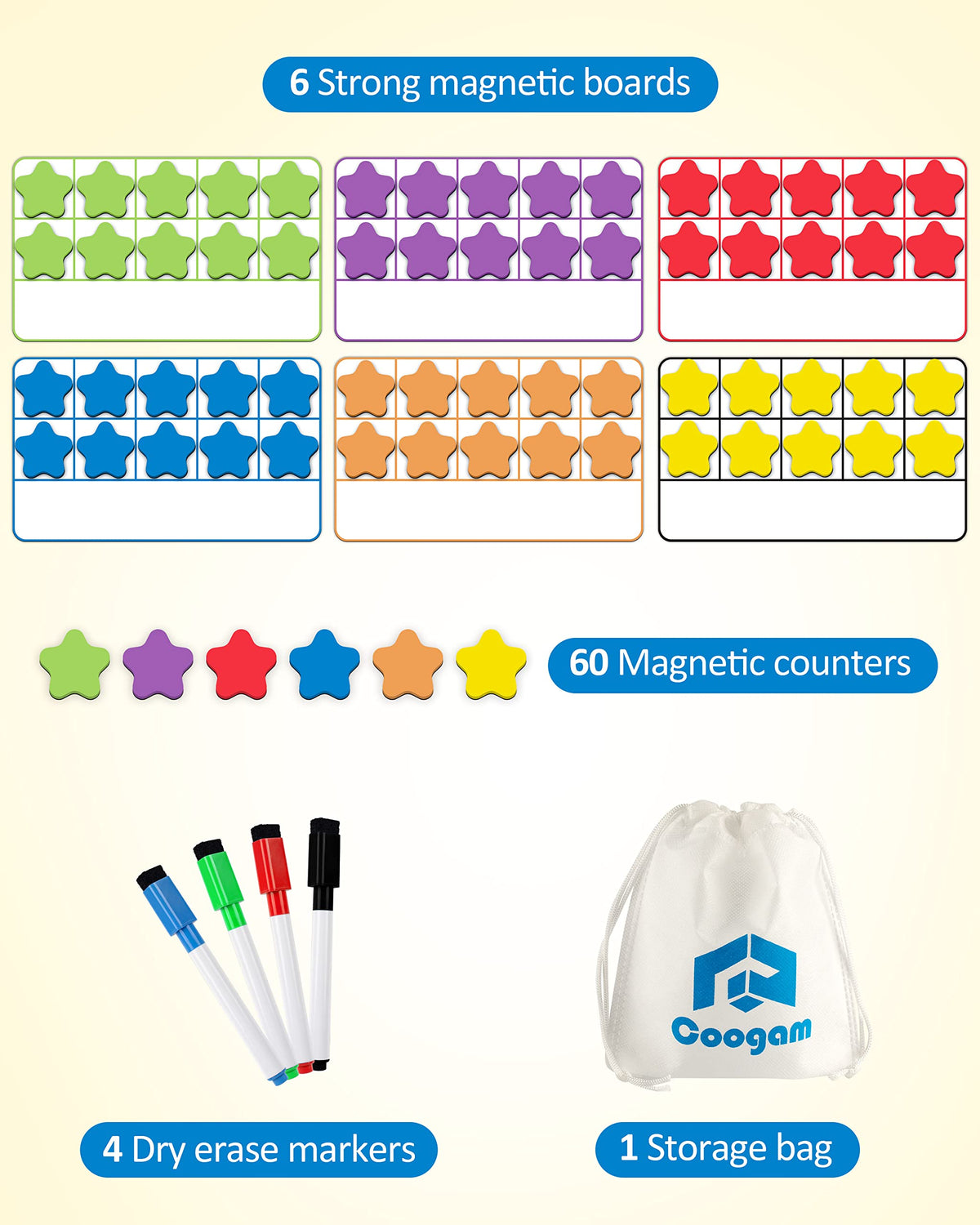 Coogam colorful ten-frame counters for visual counting and addition.