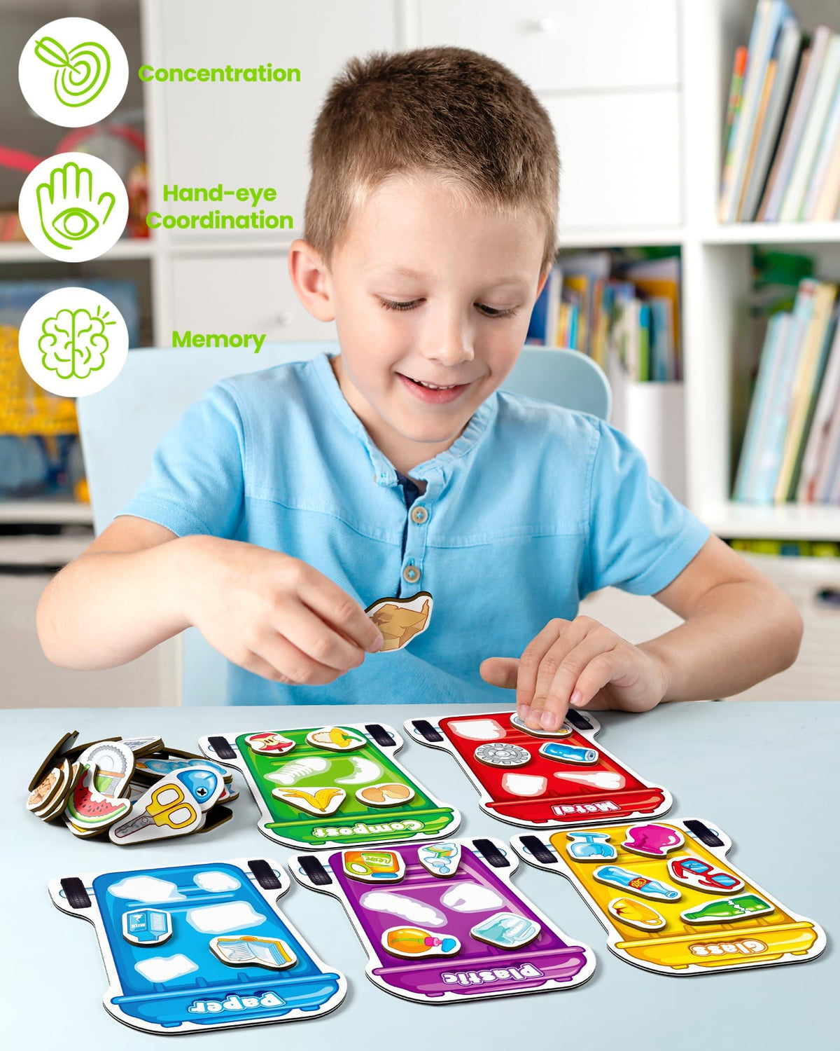 Trash can lids activity demonstrates proper waste categorization with Coogam toy.